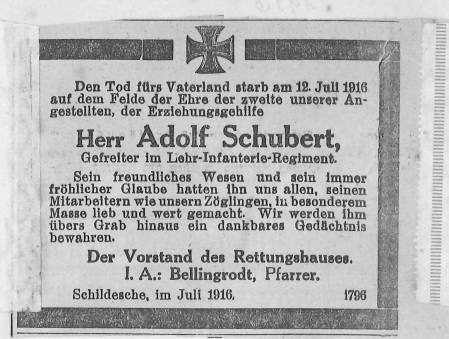 Sterbeanzeige Adolf Schubert, 1916 - Johanneswerk