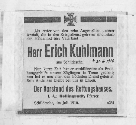 Sterbeanzeige Erich Kuhlmann, 1916 - Johanneswerk
